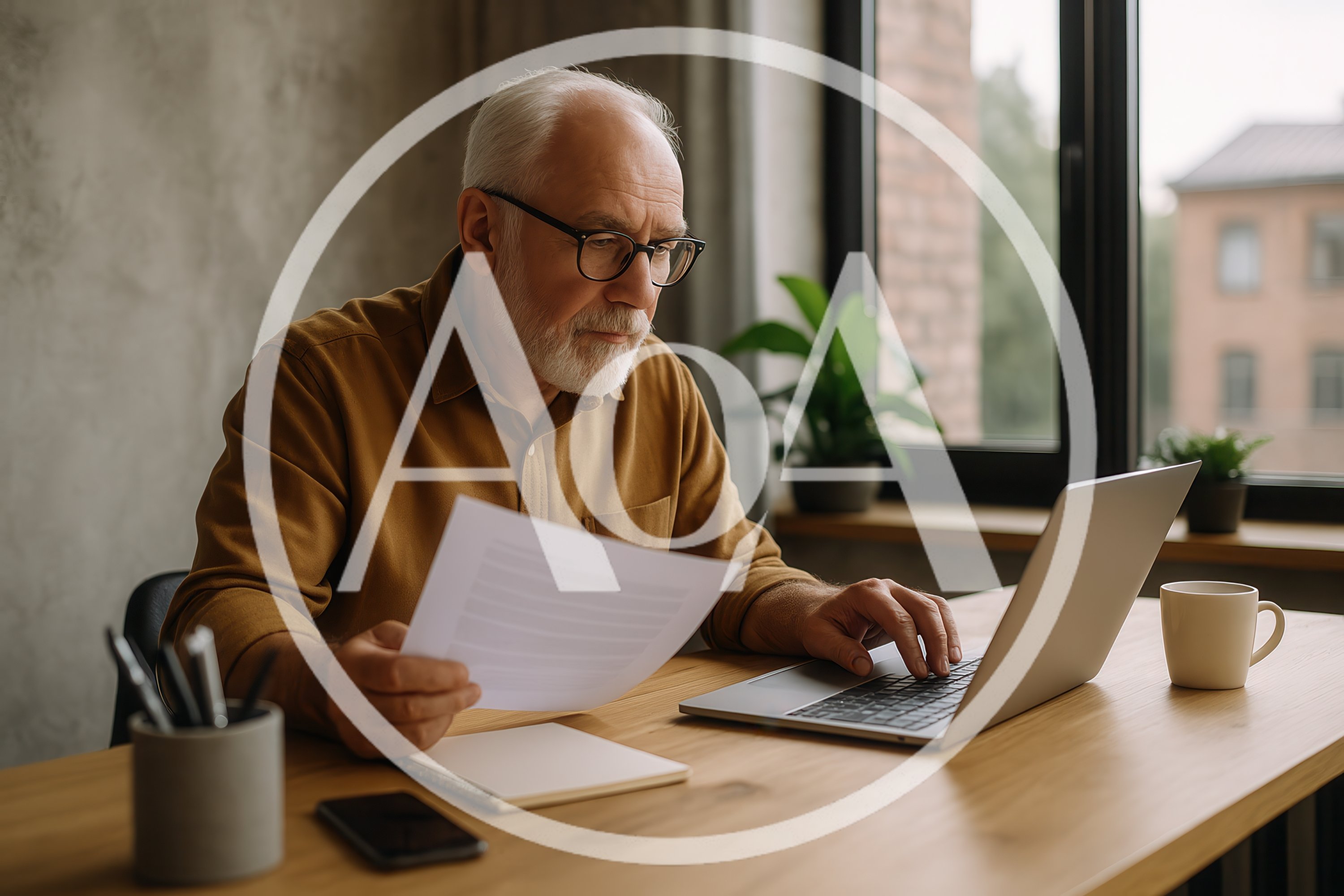 Senior Man Working On Laptop With Documents