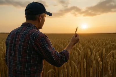 Farmer Inspecting Wheat Crop At Sunset