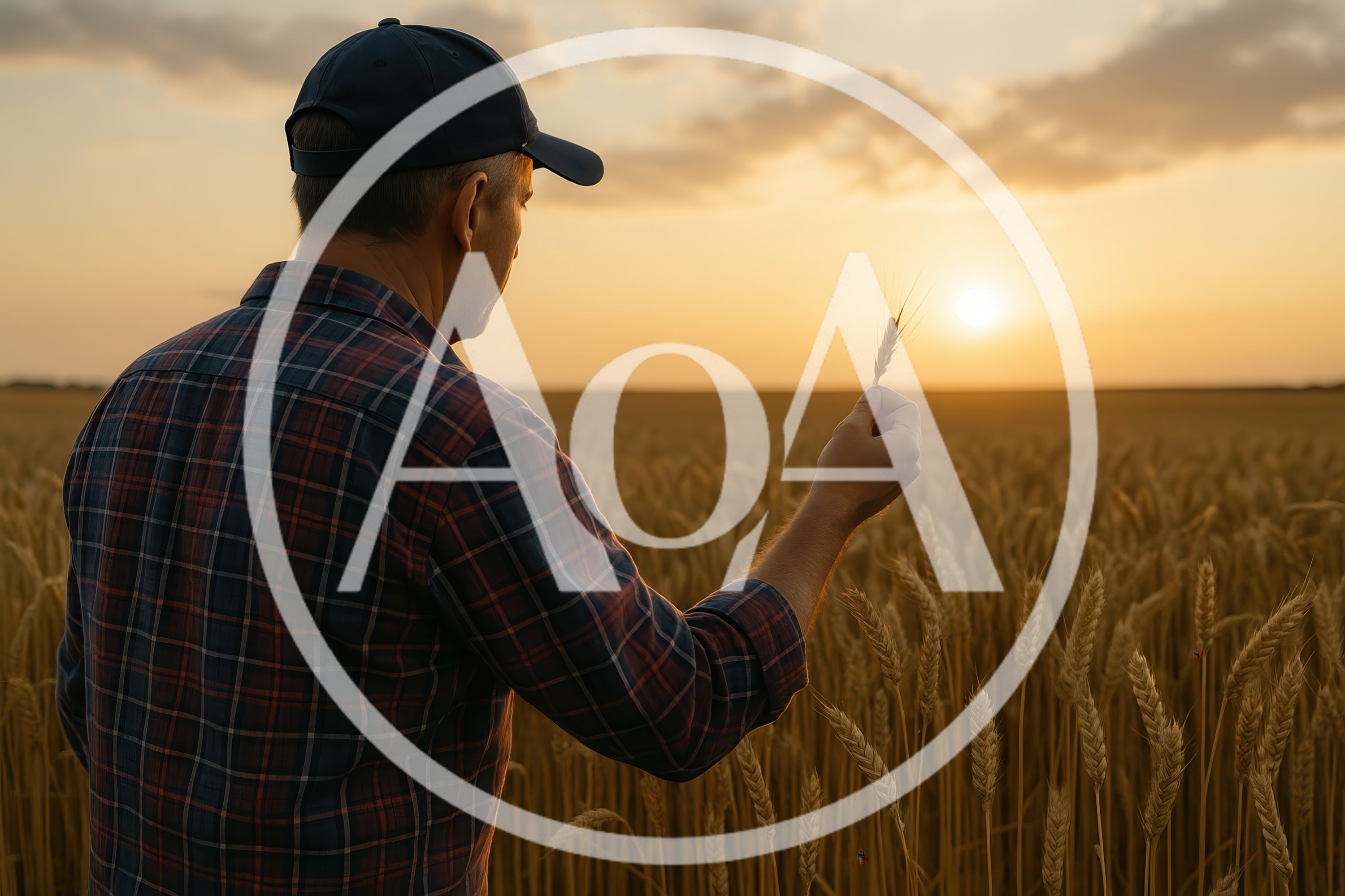 Farmer Inspecting Wheat Crop At Sunset