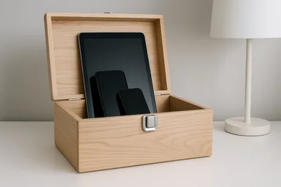 Digital Devices Stored Inside A Wooden Box