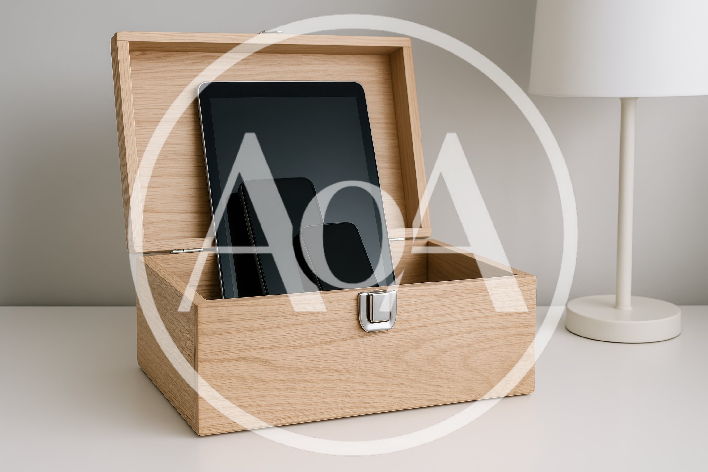 Digital Devices Stored Inside A Wooden Box