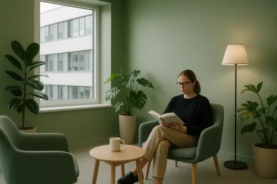 Young Woman Reading Book in Minimalist Green Room