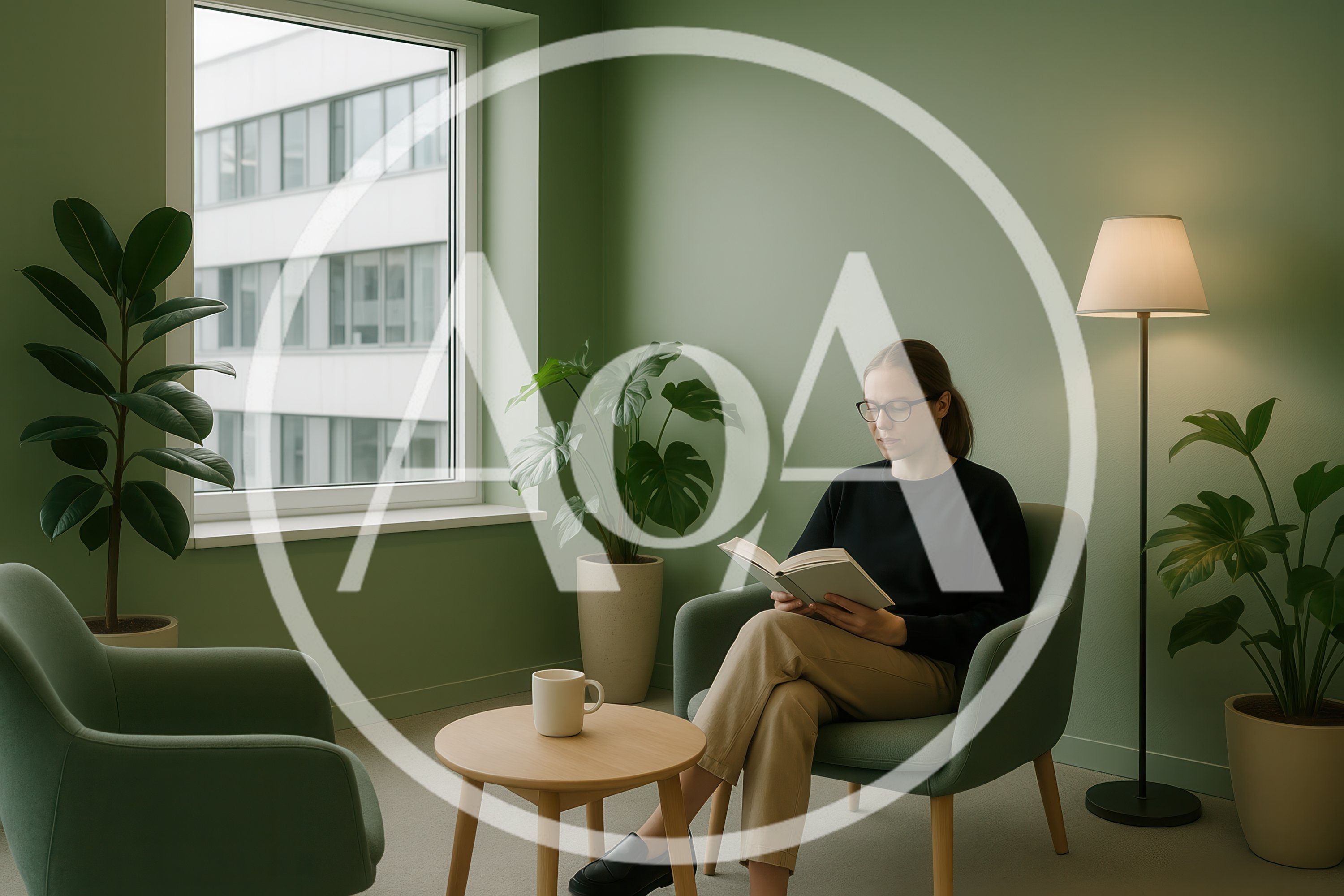 Young Woman Reading Book in Minimalist Green Room