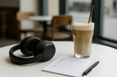 Coffee And Headphones On A Cafe Table