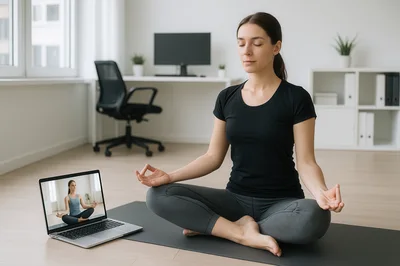 Woman Practicing Yoga Meditation In Home Office