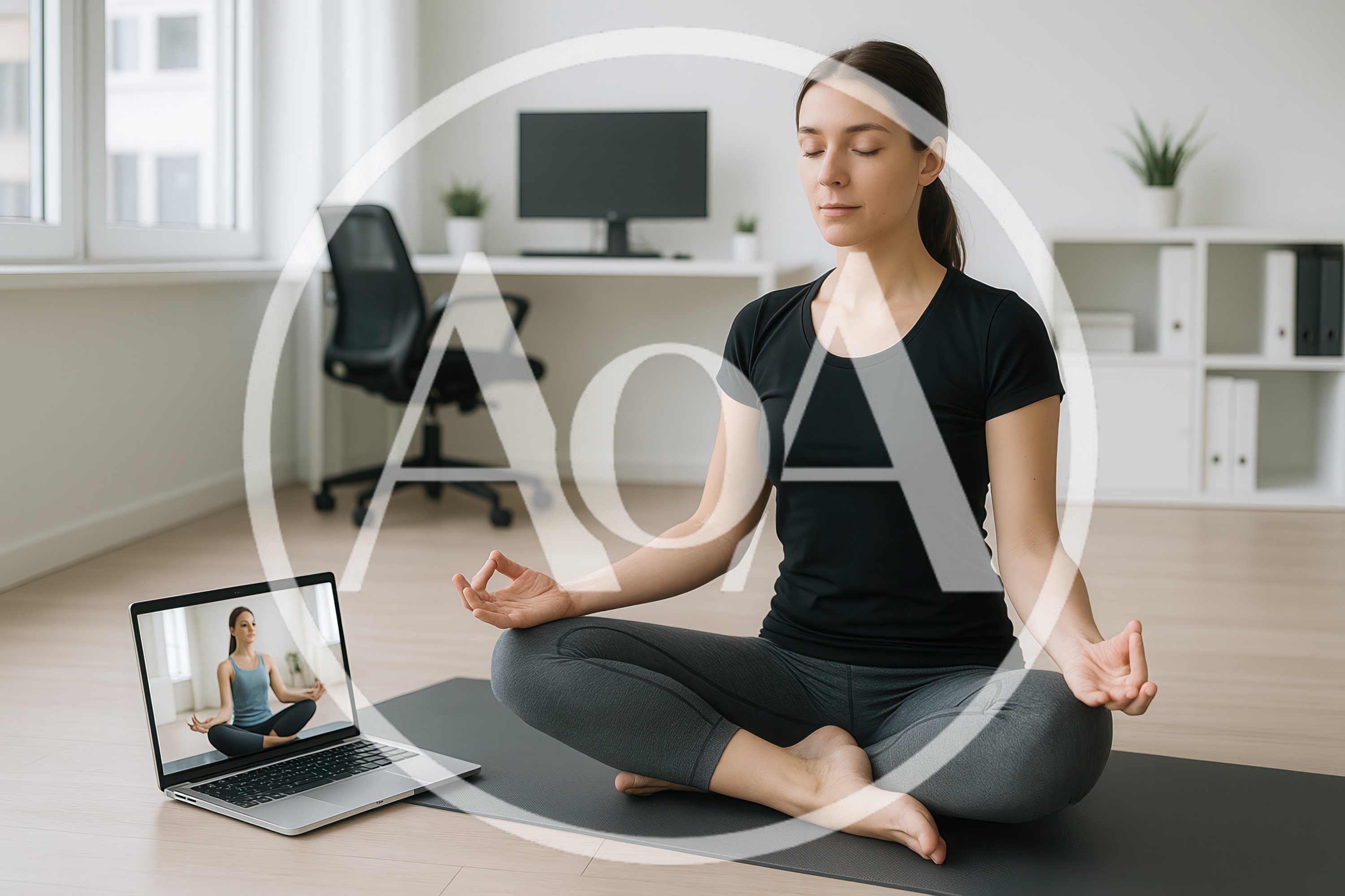 Woman Practicing Yoga Meditation In Home Office
