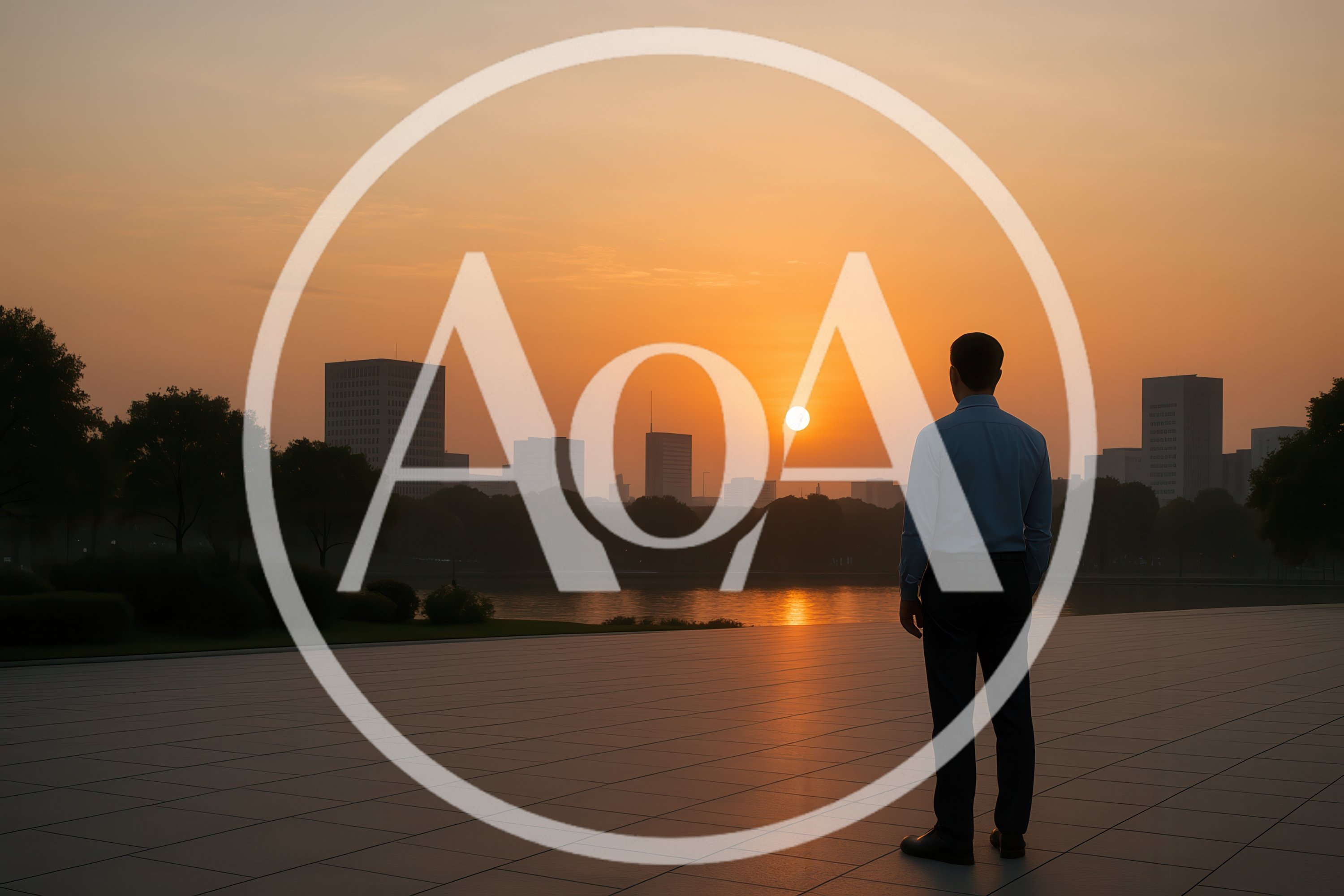 Businessman Standing Alone Looking At City Skyline Sunset