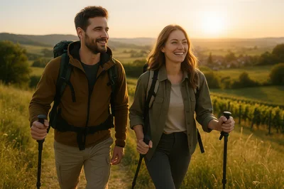 Happy Couple Hiking Through Vineyard At Sunset