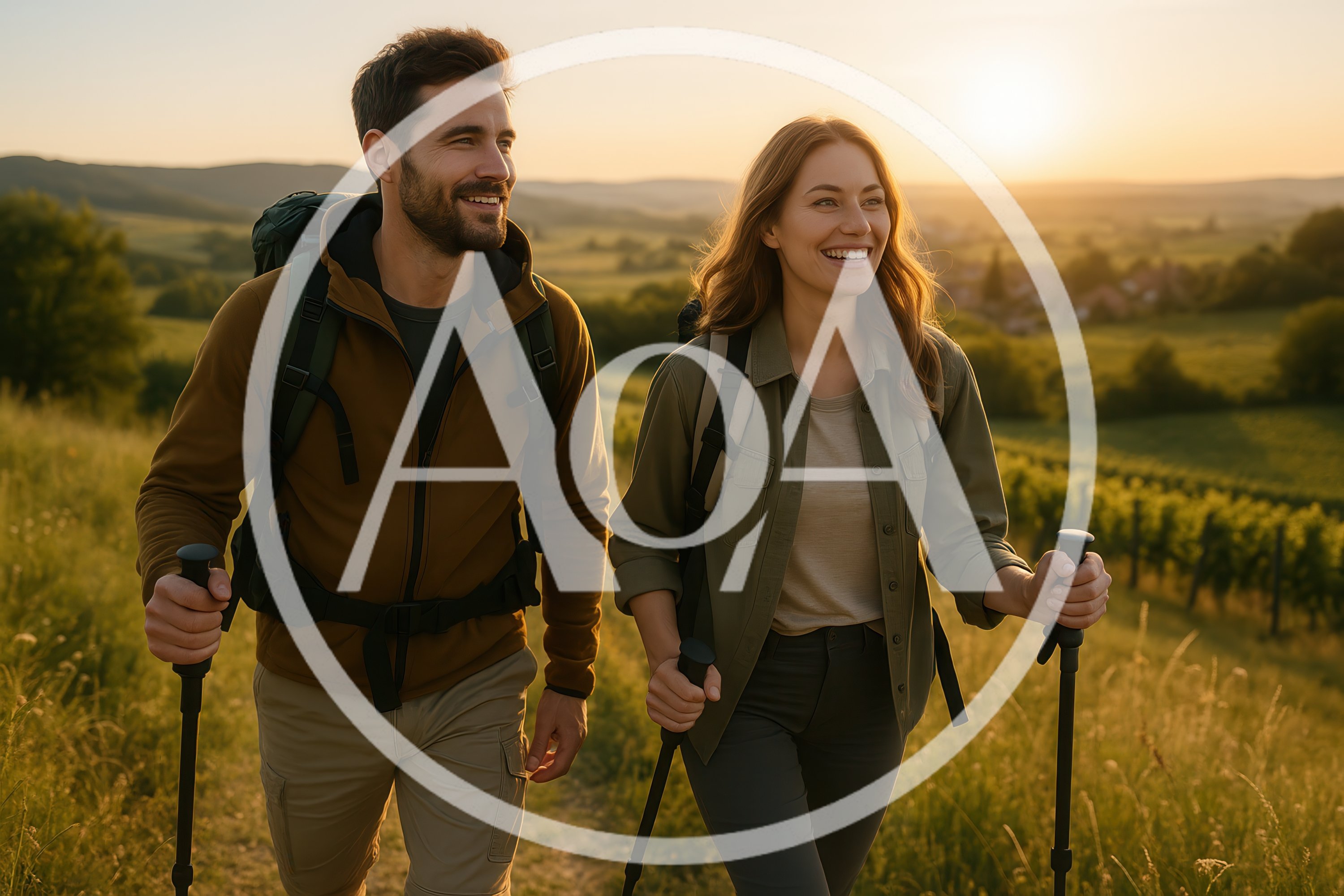 Happy Couple Hiking Through Vineyard At Sunset