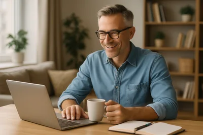 Smiling Man Working On Laptop With Coffee