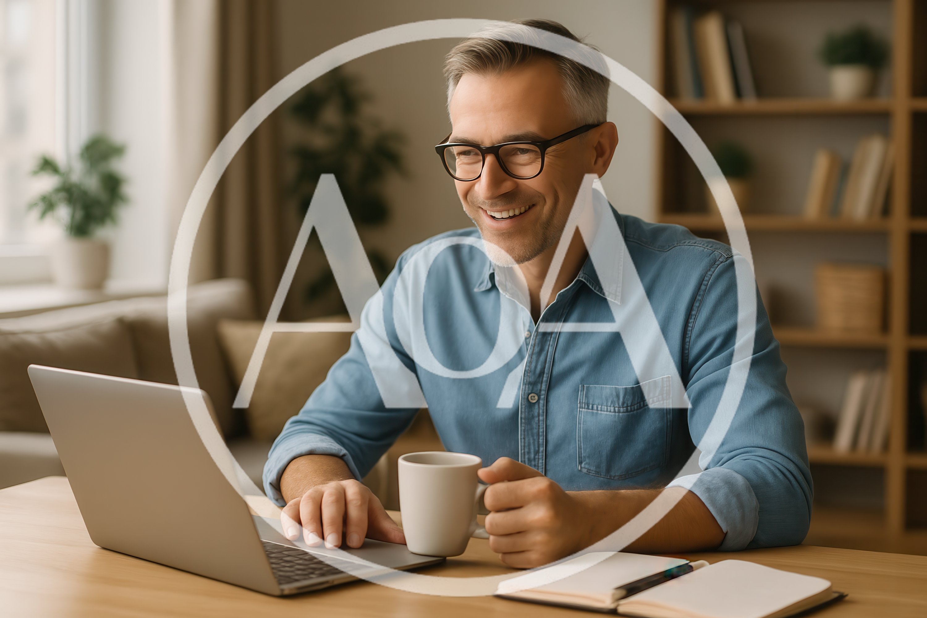 Smiling Man Working On Laptop With Coffee