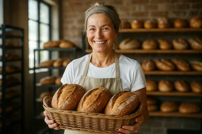 Smiling Female Baker Holding A Basket Of Fresh Bread