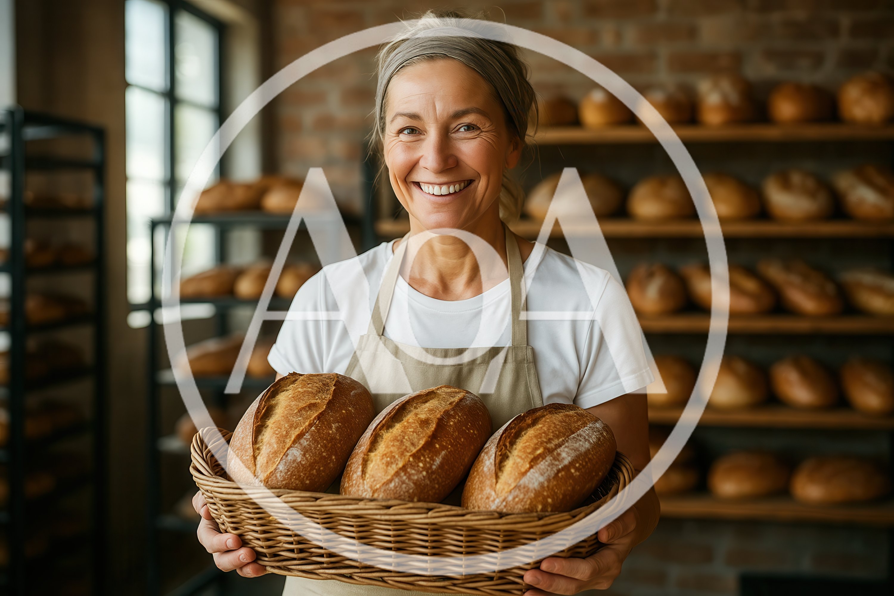 Smiling Female Baker Holding A Basket Of Fresh Bread