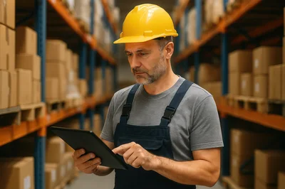 Warehouse Worker Using Digital Tablet for Inventory Management