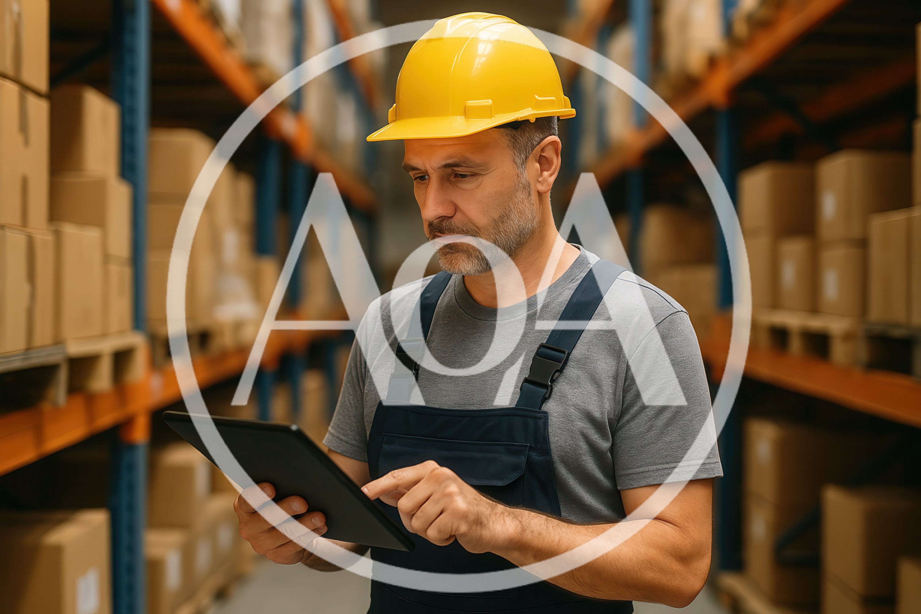 Warehouse Worker Using Digital Tablet for Inventory Management