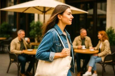 Young Woman Walking Past Outdoor Cafe