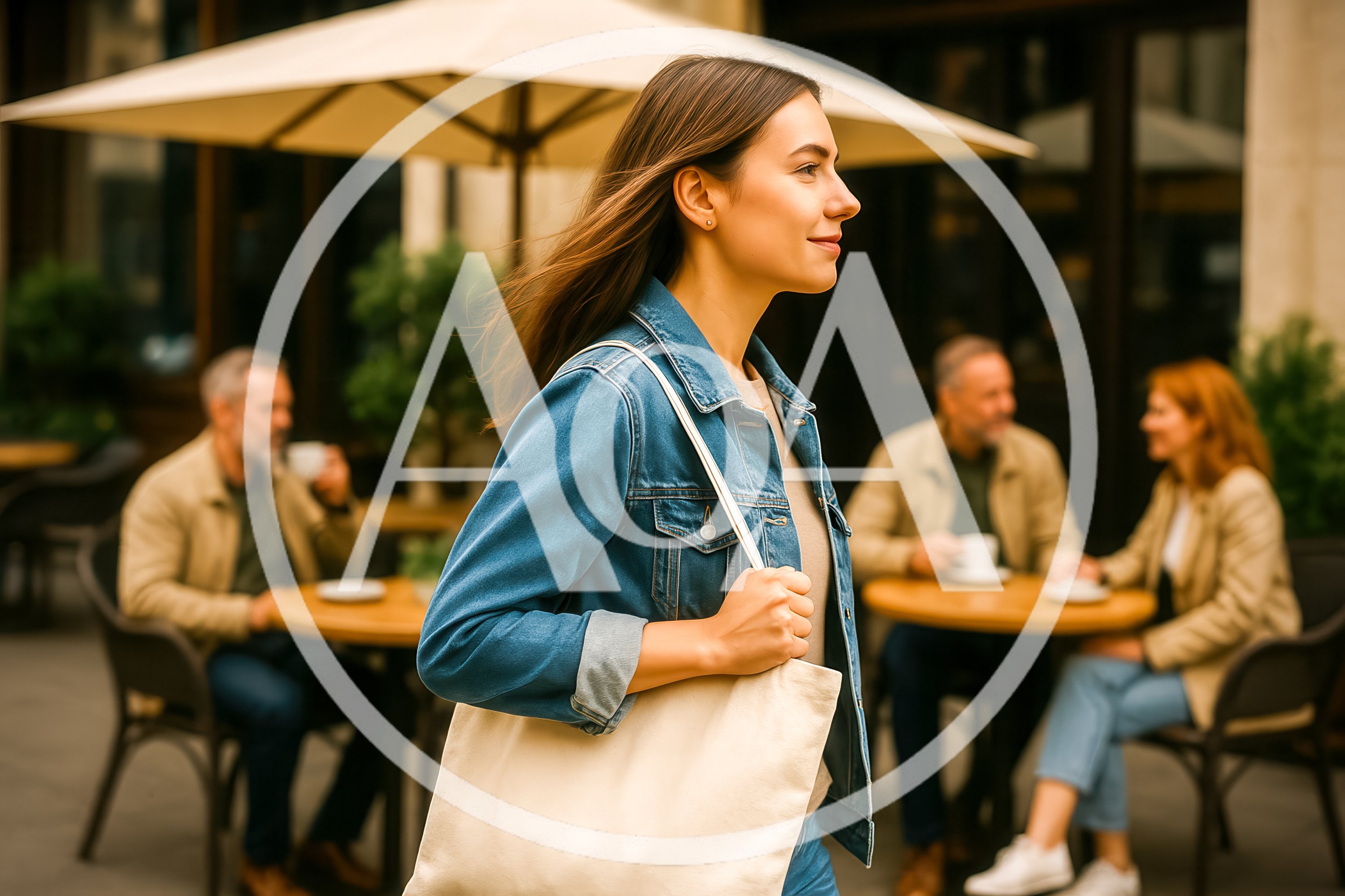 Young Woman Walking Past Outdoor Cafe
