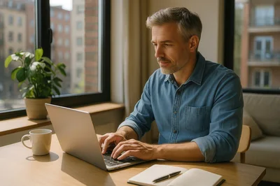 Middle Aged Man Working On Laptop At Home