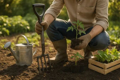Gardener Planting Tomato Seedlings In A Sunny Garden