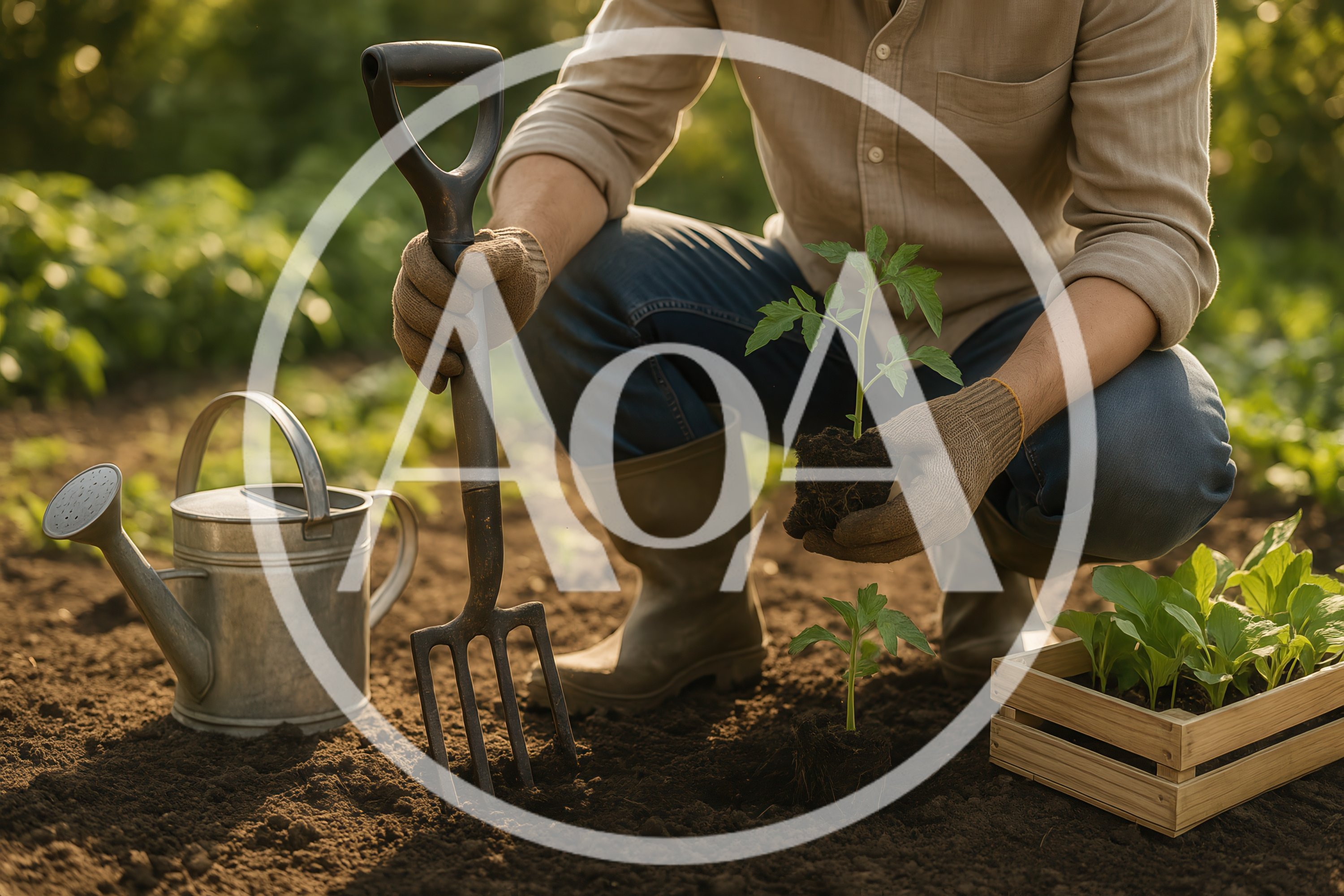Gardener Planting Tomato Seedlings In A Sunny Garden