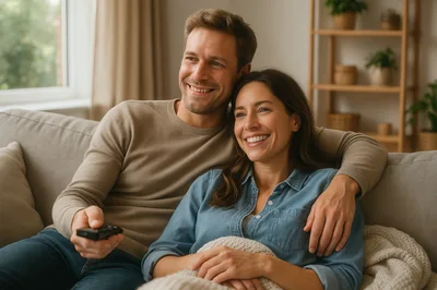 Happy Couple Relaxing On Sofa Watching Television