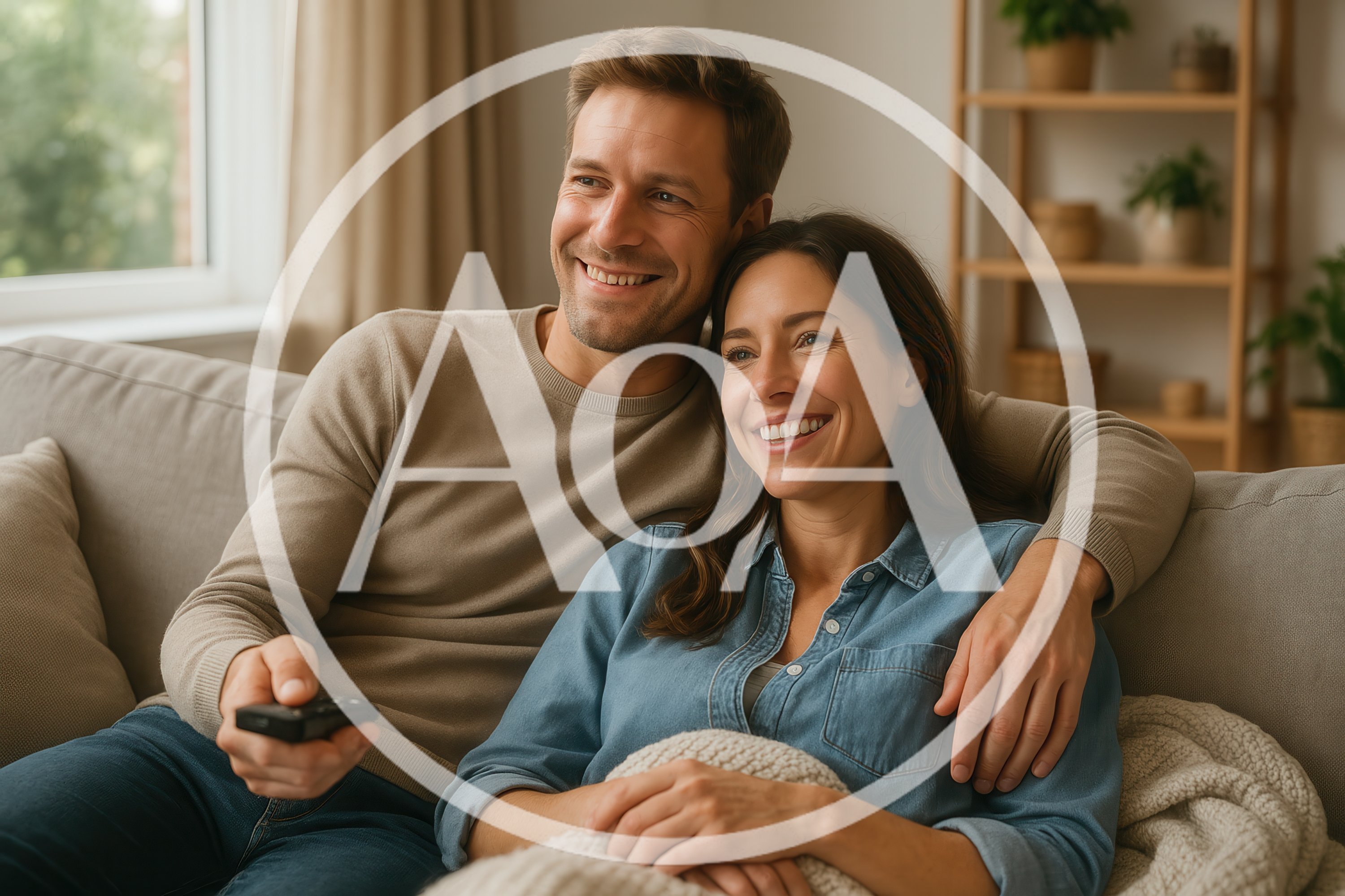 Happy Couple Relaxing On Sofa Watching Television