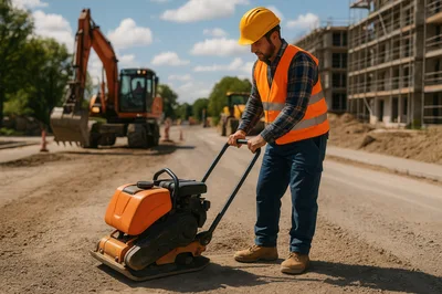 Construction Worker Operating Plate Compactor on Road Site