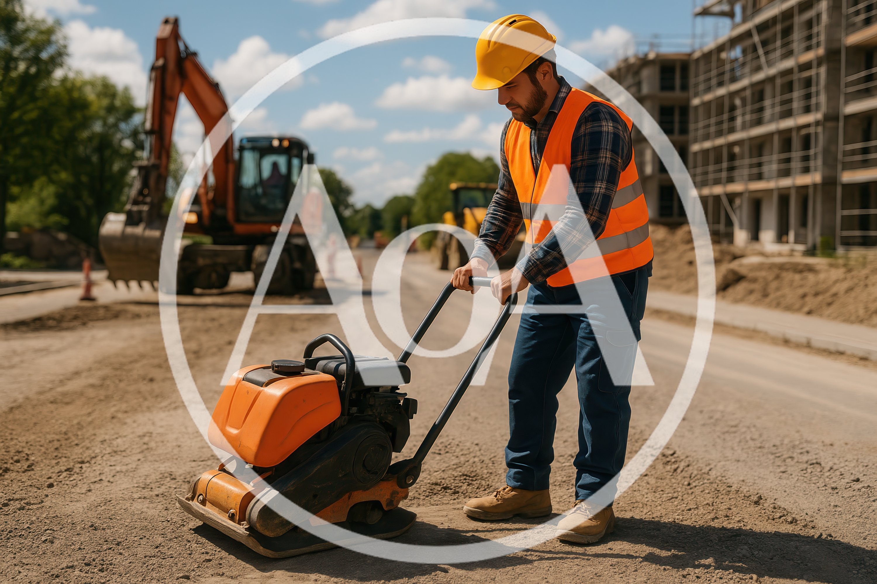Construction Worker Operating Plate Compactor on Road Site