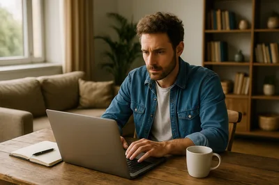 Focused Man Working On Laptop At Home Office