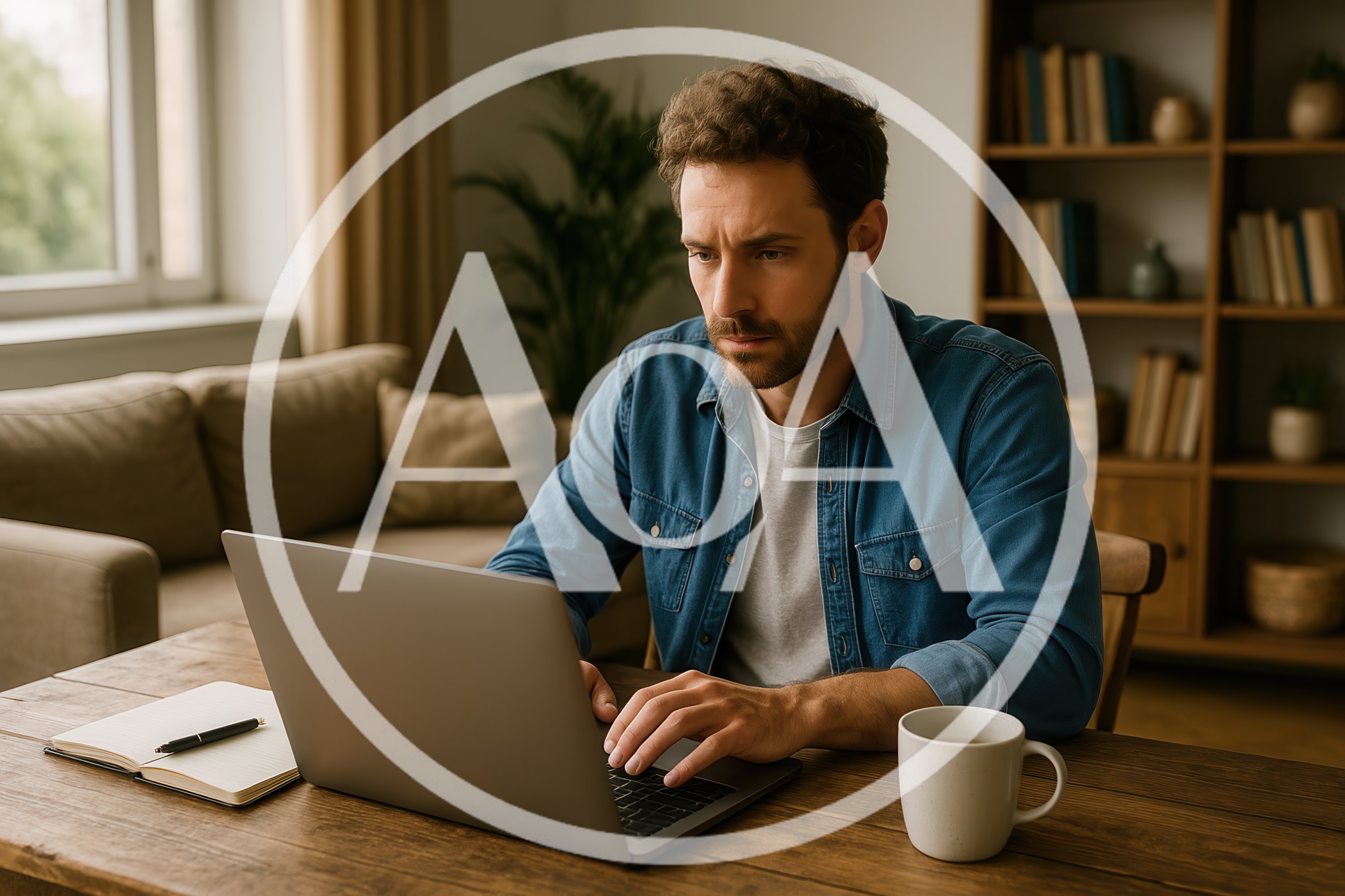 Focused Man Working On Laptop At Home Office