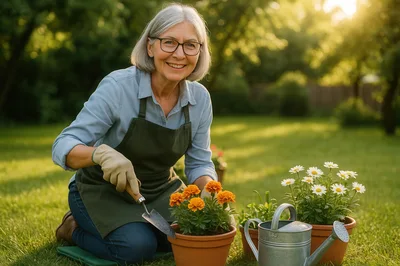 Senior Woman Gardening With Potted Flowers In Sunny Backyard