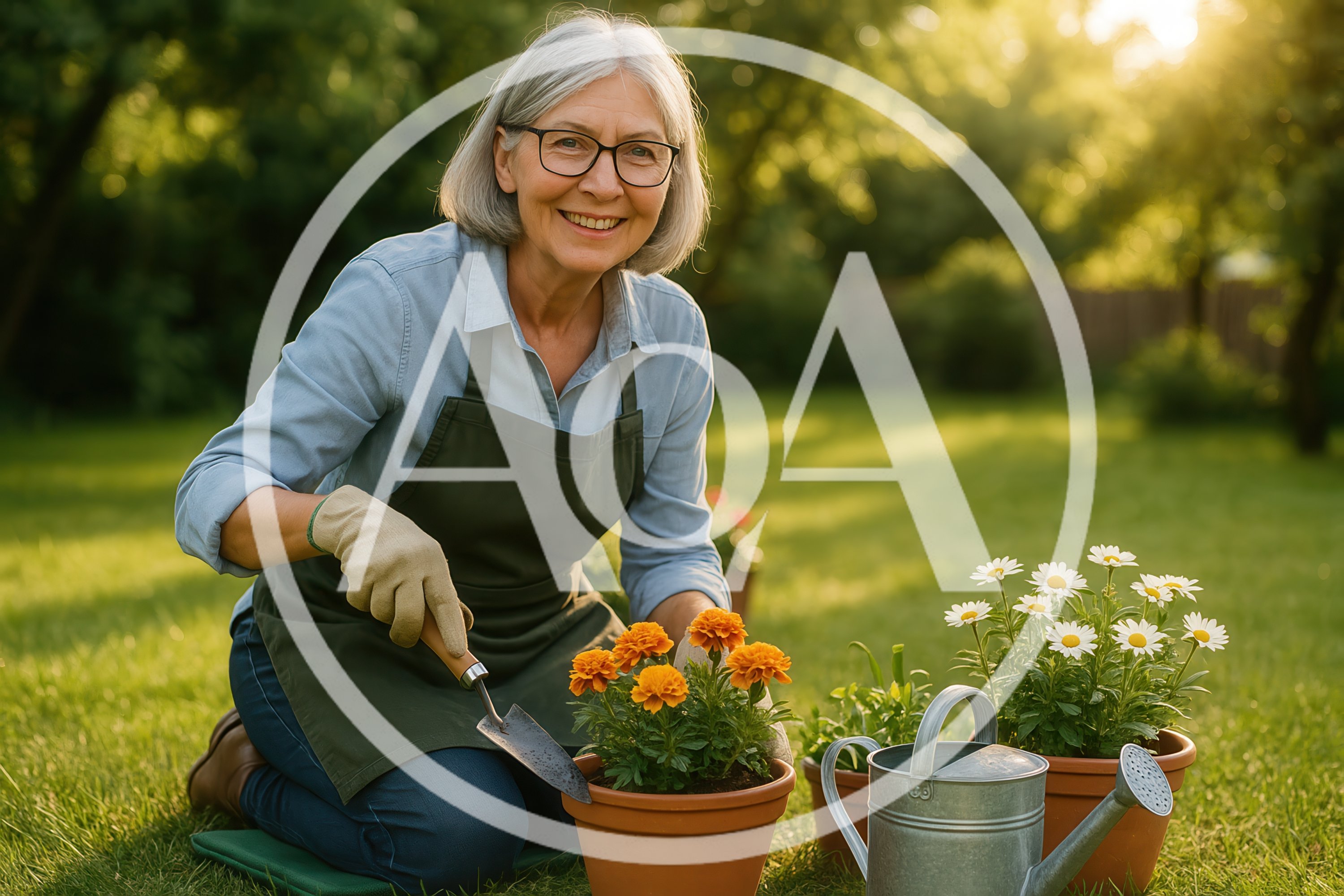Senior Woman Gardening With Potted Flowers In Sunny Backyard