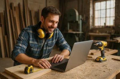 Woodworker Using Laptop In A Professional Workshop