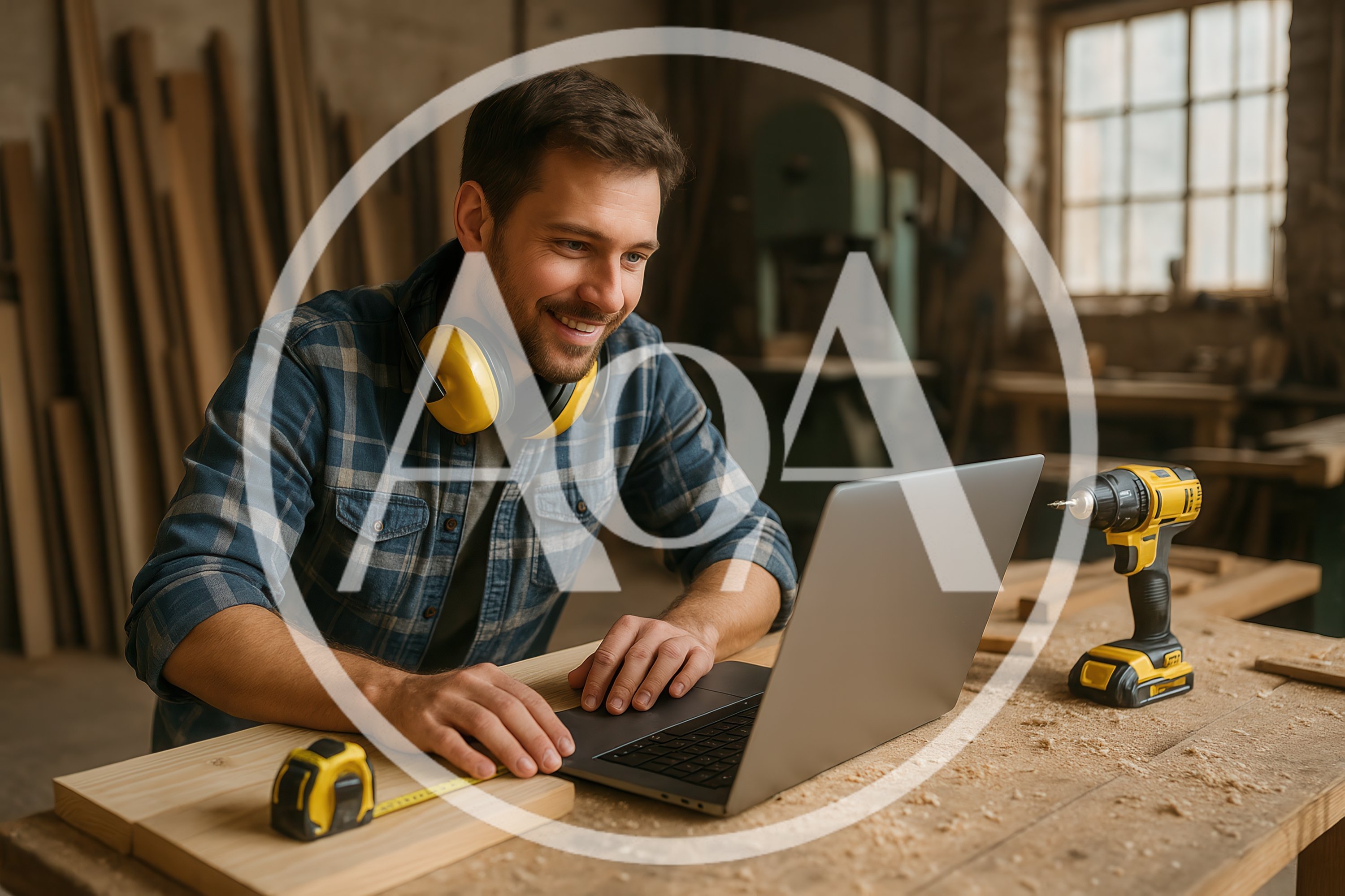 Woodworker Using Laptop In A Professional Workshop