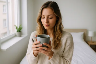 Young Woman Holding A Warm Mug In Bedroom