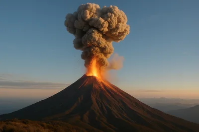 Volcanic Eruption With Massive Ash Cloud At Sunset