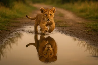 Lion Cub Running Through A Puddle With Adult Reflection