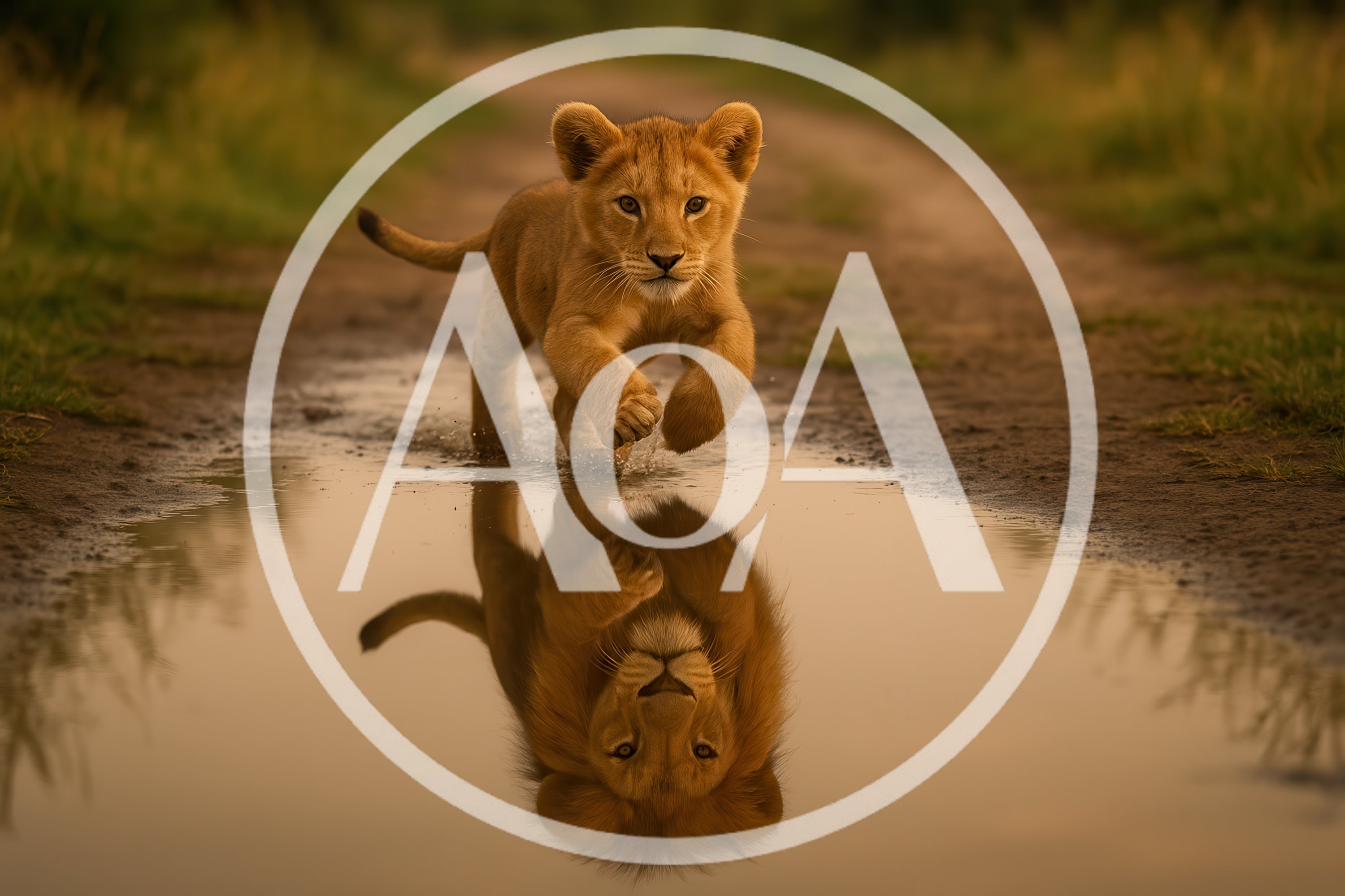 Lion Cub Running Through A Puddle With Adult Reflection