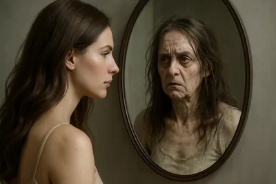 Young Woman Looking At Her Aged Reflection In Mirror