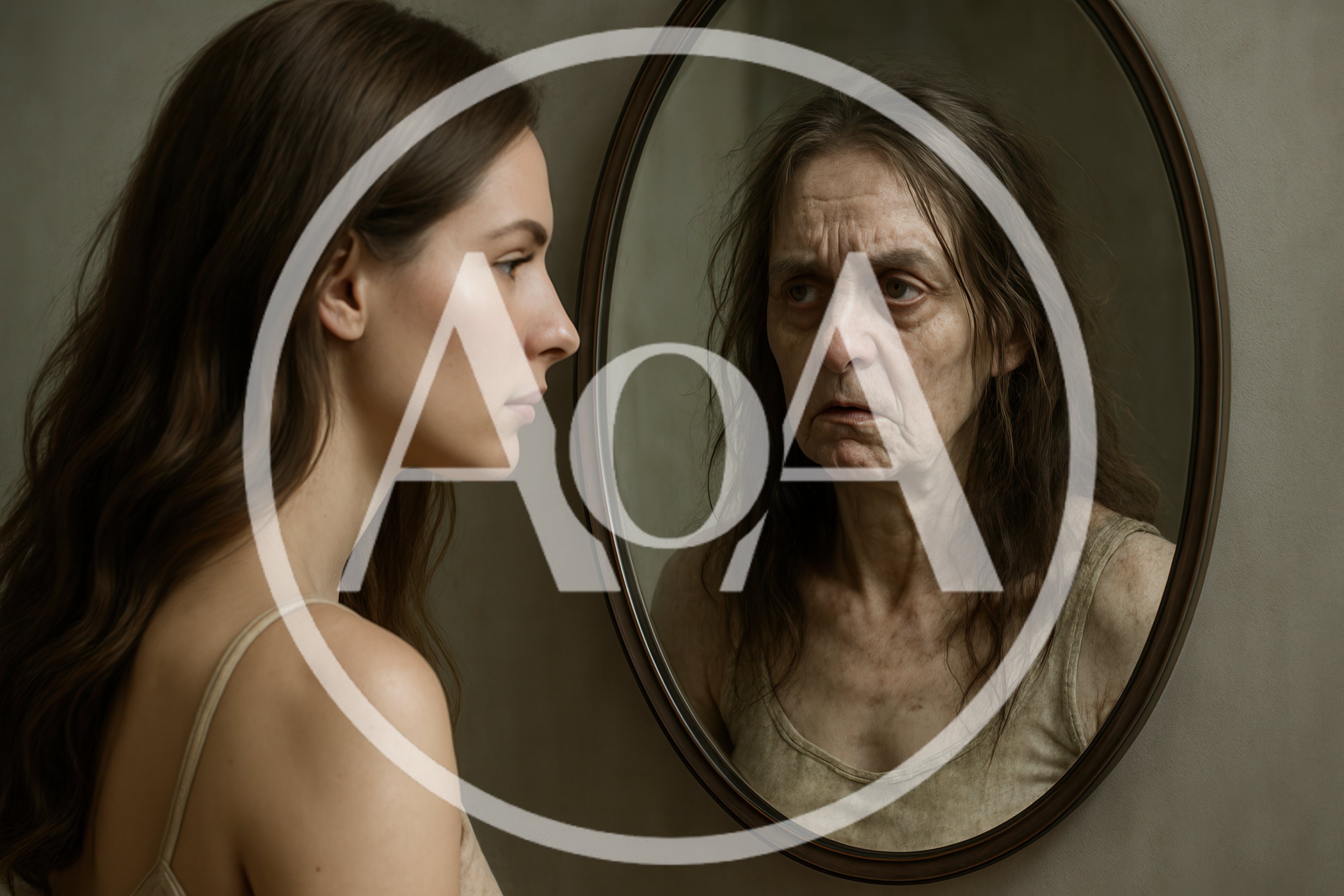 Young Woman Looking At Her Aged Reflection In Mirror