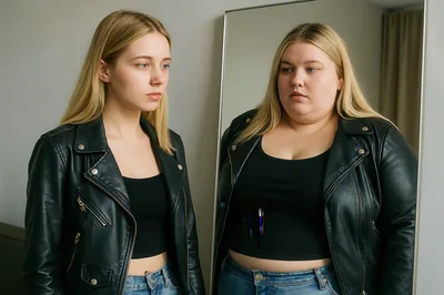Young Woman Looking At Her Reflection In A Mirror