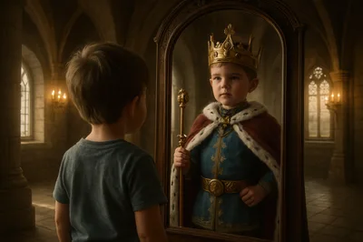 Young Boy Looking At His Reflection As A King