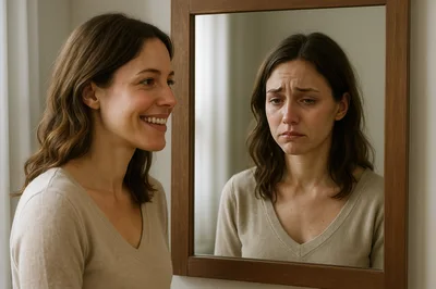 Woman Smiling While Her Reflection Appears Sad In Mirror