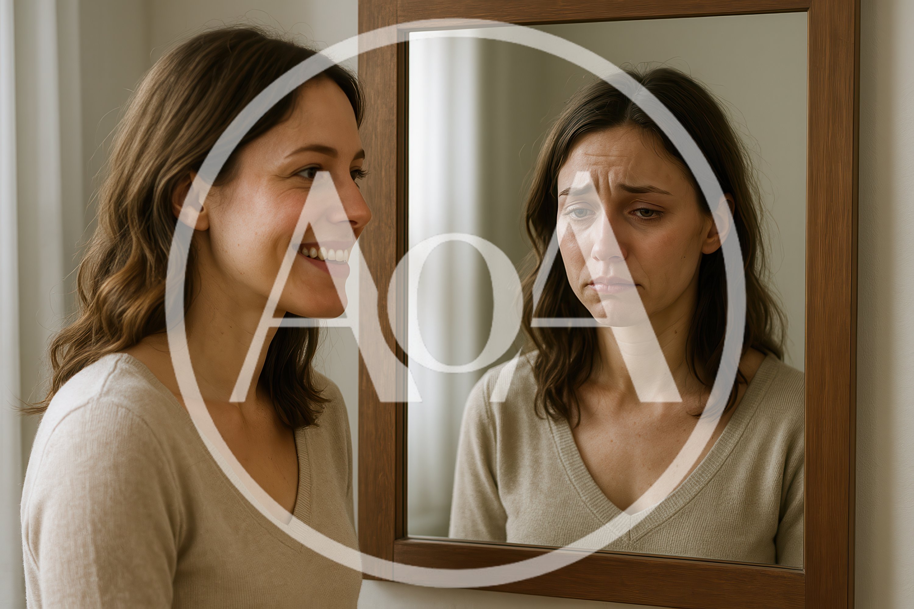 Woman Smiling While Her Reflection Appears Sad In Mirror