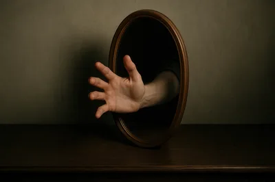 Human Hand Reaching Out From A Dark Mirror