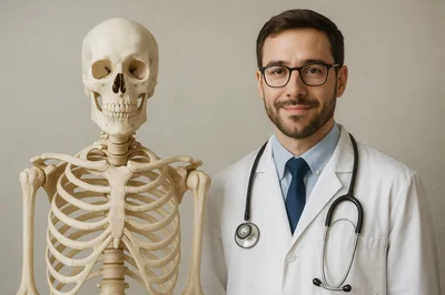 Doctor Standing Next To A Human Skeleton Model