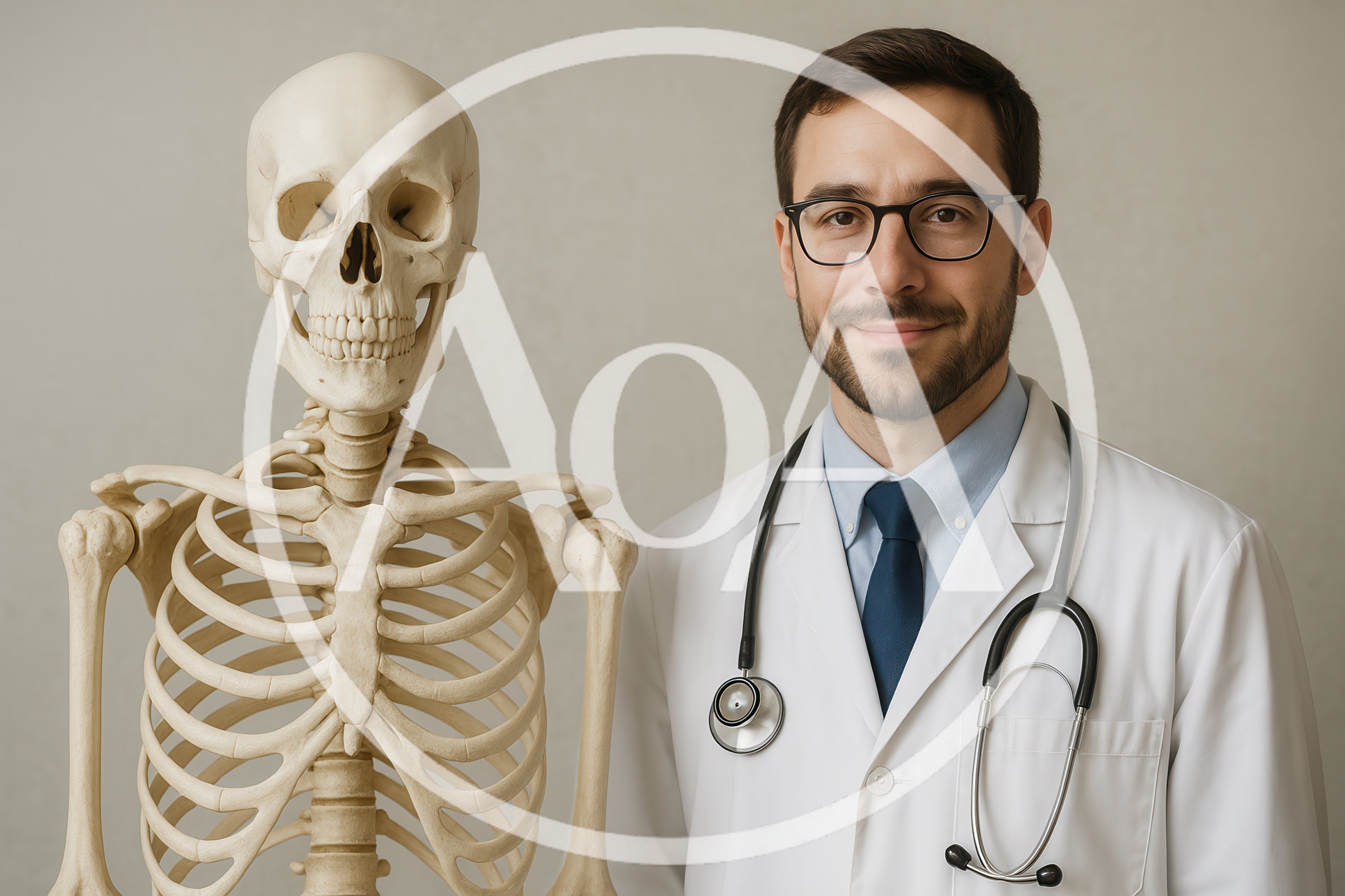 Doctor Standing Next To A Human Skeleton Model