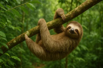 Three Toed Sloth Hanging From A Tree Branch