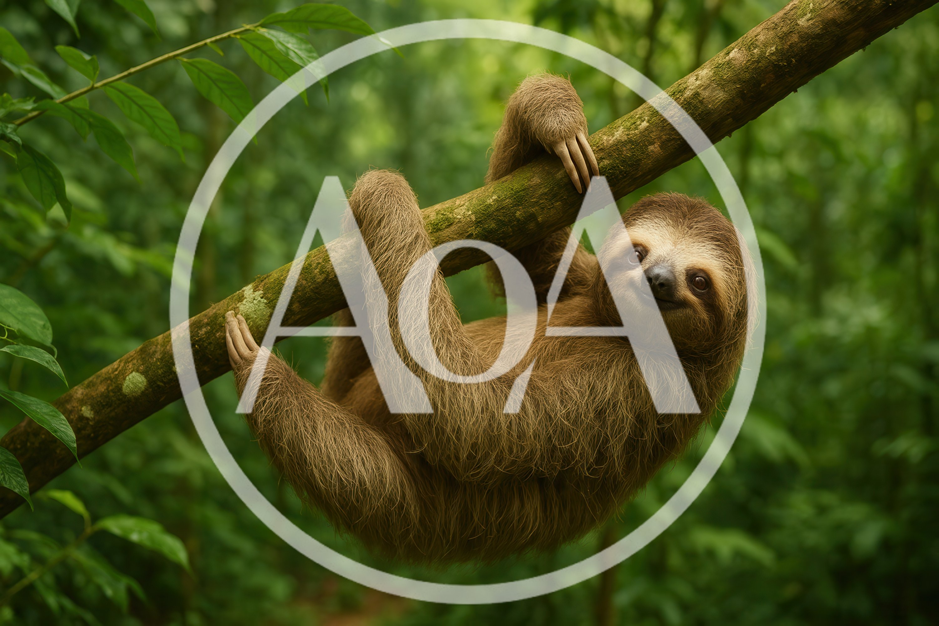 Three Toed Sloth Hanging From A Tree Branch