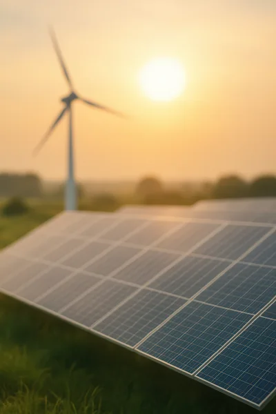 Solar Panels and Wind Turbine at Sunset